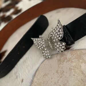 Streets Ahead Vintage 80s Black Leather Rhinestone Butterfly Belt 34